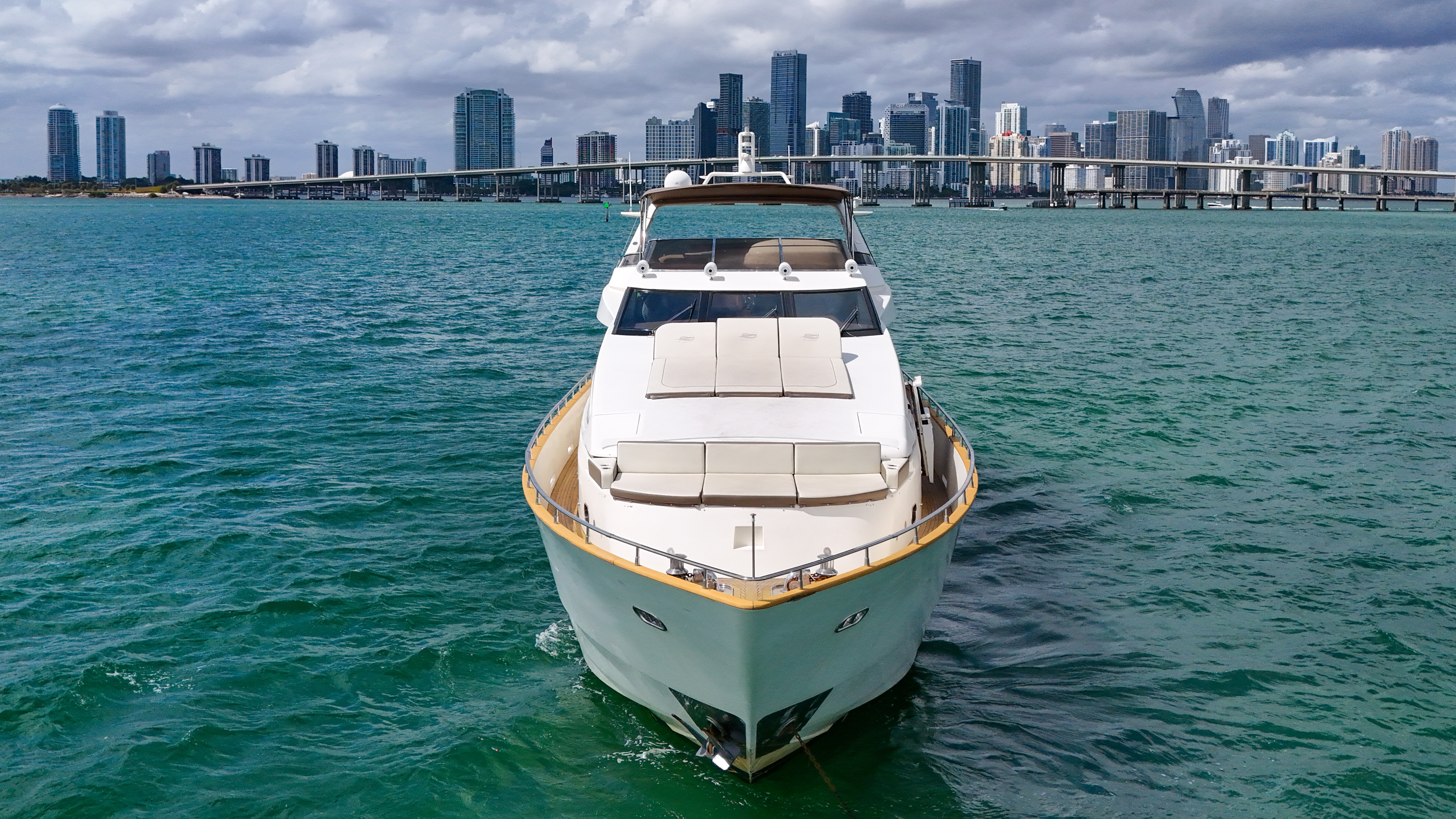 100ft Azimut D yacht rental Miami - flybridge with panoramic views of Miami skyline