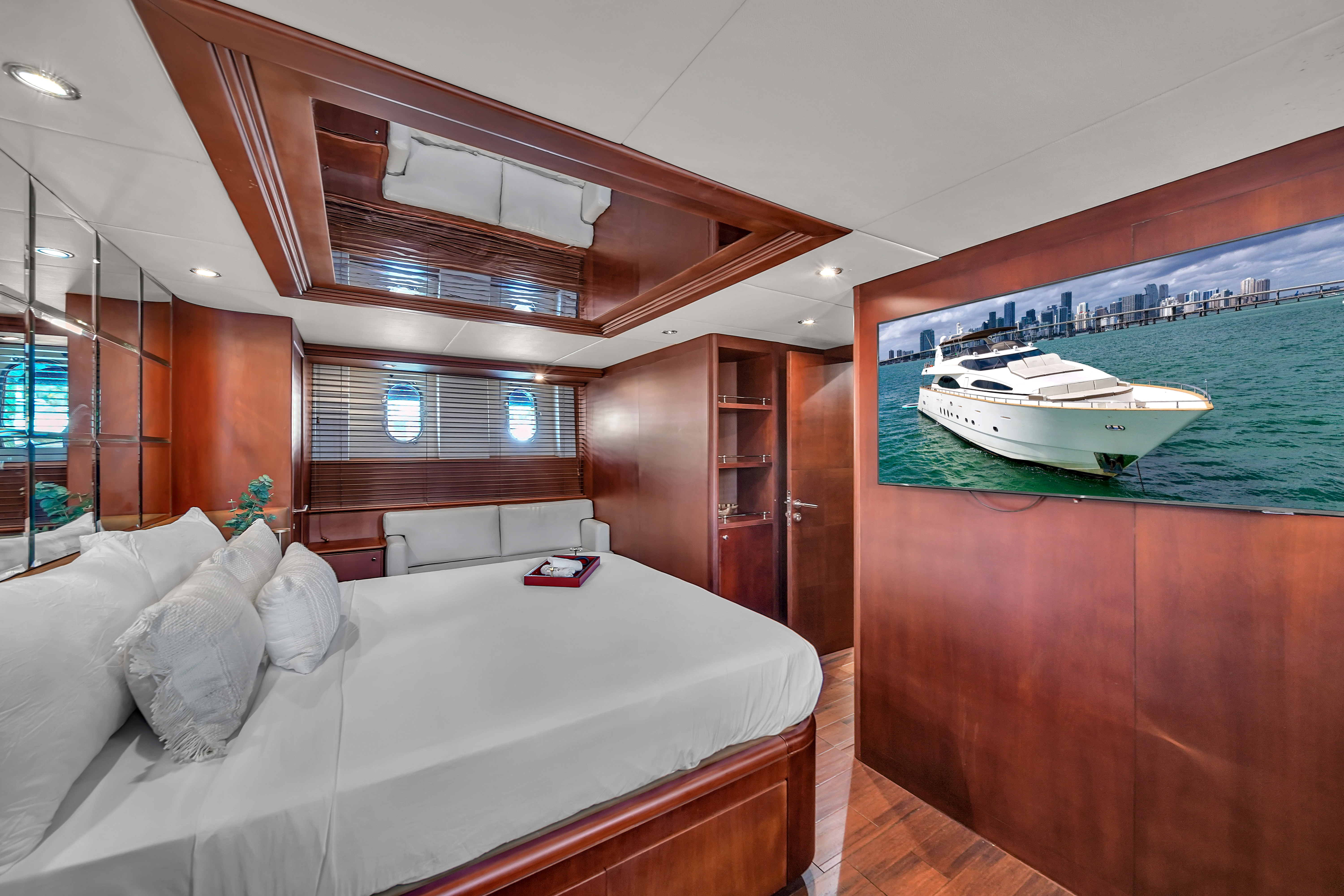 100ft Azimut D yacht rental Miami - flybridge with panoramic views of Miami skyline